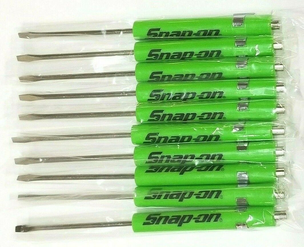 (10)ten Snap On Pocket Screwdriver, Flat Tip Screwdrivers, Magnetic Green .new.